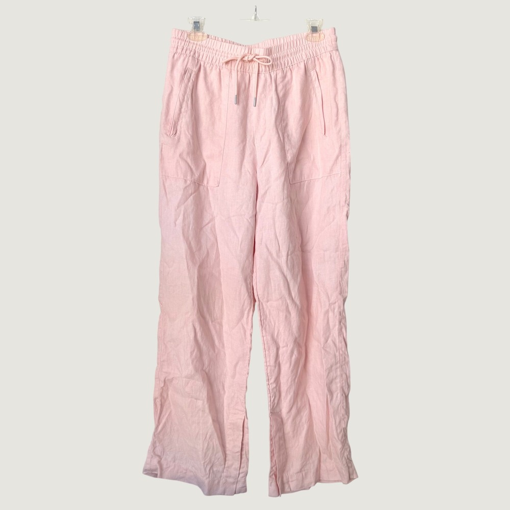 Athleta Womens Pink Linen Wide Leg Drawstring Pants Size Small Pockets Slit Hem